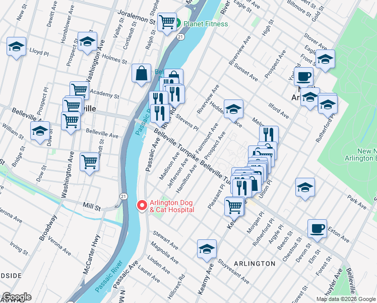 map of restaurants, bars, coffee shops, grocery stores, and more near 14 William Street in North Arlington