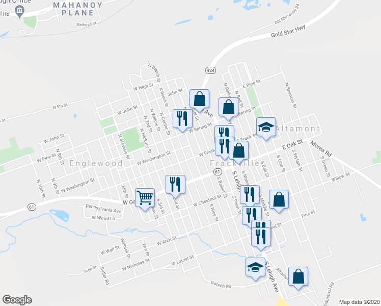 map of restaurants, bars, coffee shops, grocery stores, and more near 14 North Nice Street in Frackville