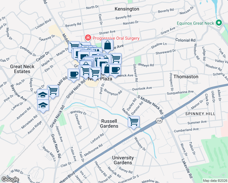 map of restaurants, bars, coffee shops, grocery stores, and more near 124 South Middle Neck Road in Great Neck