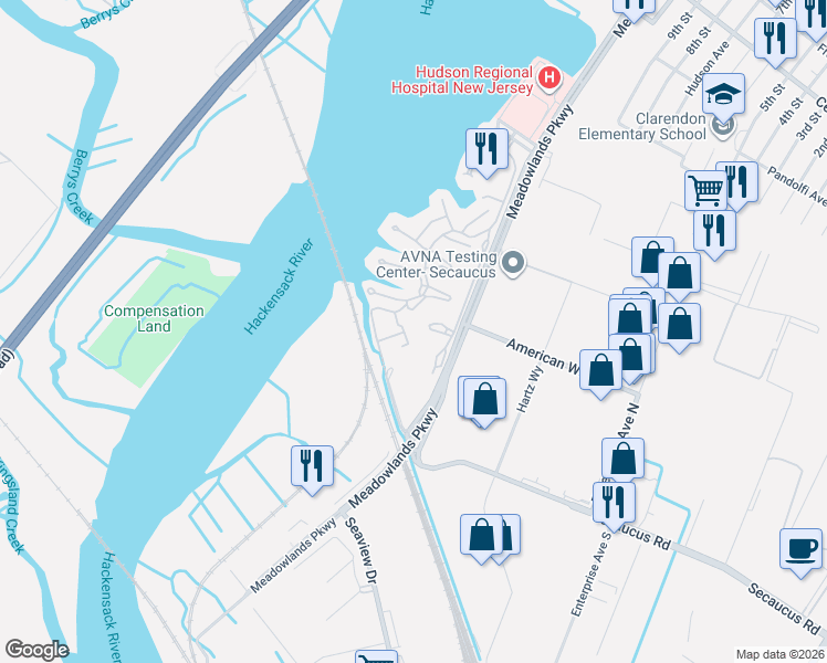 map of restaurants, bars, coffee shops, grocery stores, and more near 761 Spinnaker Court in Secaucus
