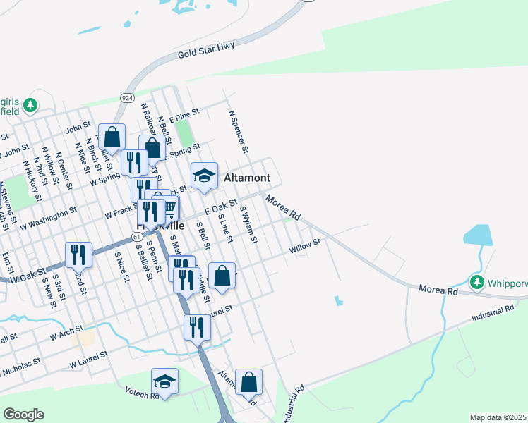 map of restaurants, bars, coffee shops, grocery stores, and more near 138 South Spencer Street in Frackville