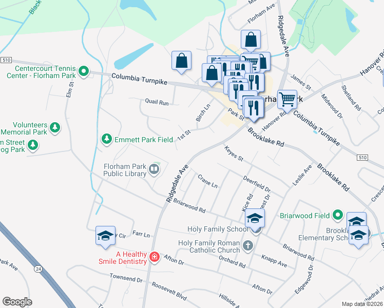 map of restaurants, bars, coffee shops, grocery stores, and more near 4 Genung Court in Florham Park