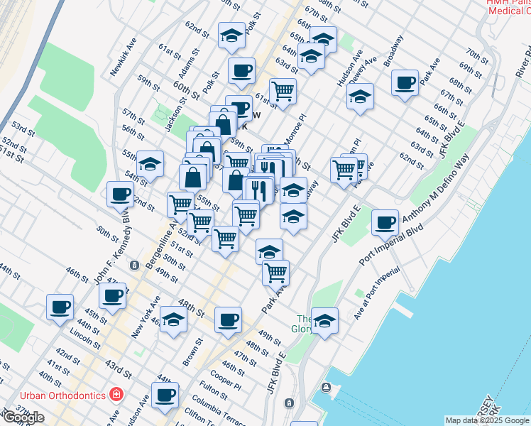 map of restaurants, bars, coffee shops, grocery stores, and more near 5607 Hudson Avenue in West New York