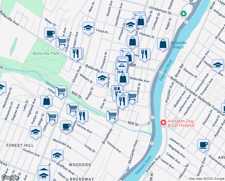 map of restaurants, bars, coffee shops, grocery stores, and more near 132 William Street in Belleville