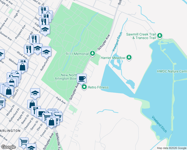 map of restaurants, bars, coffee shops, grocery stores, and more near 13 Bernice Road in North Arlington