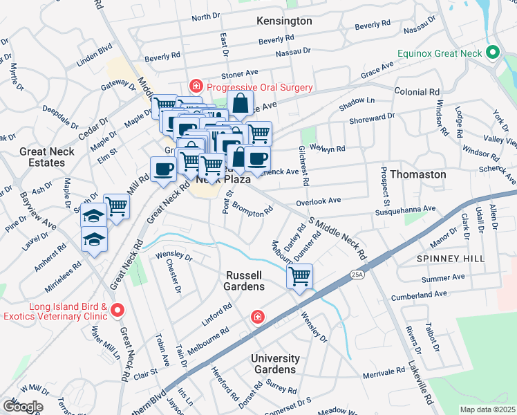 map of restaurants, bars, coffee shops, grocery stores, and more near 37 Brompton Road in Great Neck