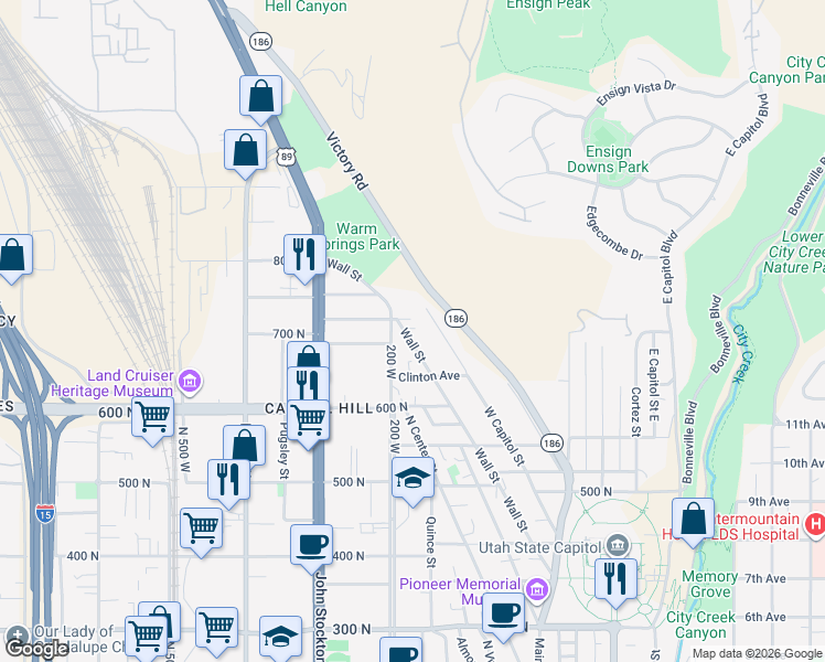 map of restaurants, bars, coffee shops, grocery stores, and more near 715 West Capitol Street in Salt Lake City