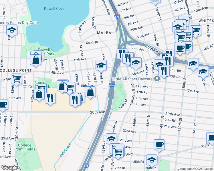 map of restaurants, bars, coffee shops, grocery stores, and more near 16-16 Whitestone Expressway in Queens