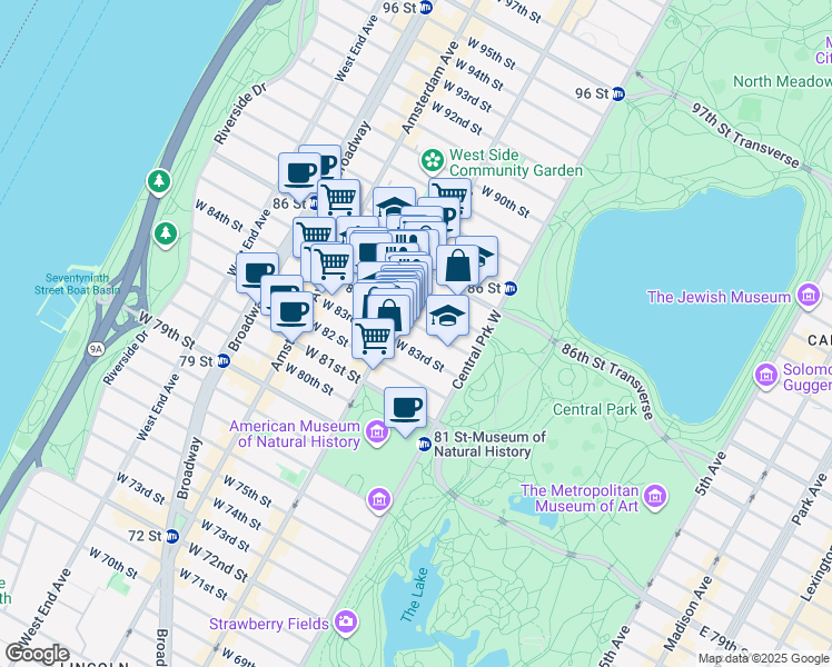 map of restaurants, bars, coffee shops, grocery stores, and more near 54 West 84th Street in New York