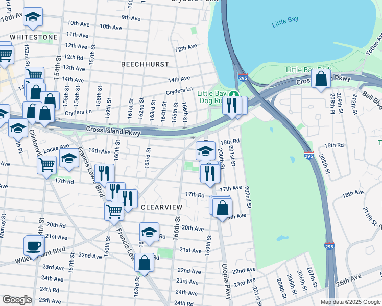 map of restaurants, bars, coffee shops, grocery stores, and more near 163-69 15th Drive in Queens