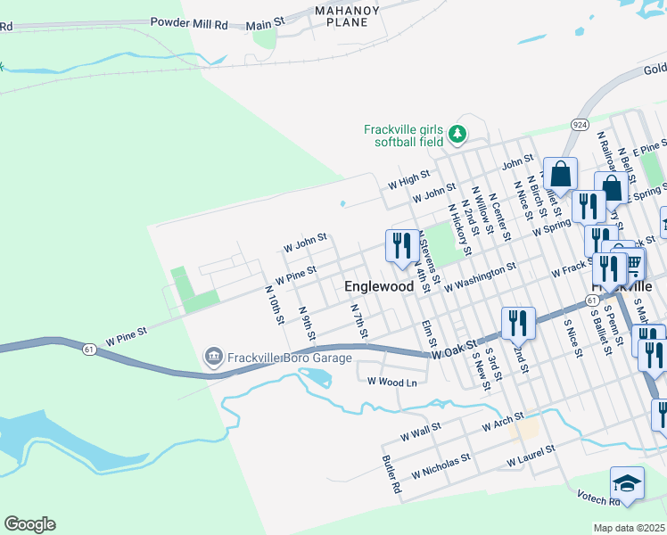 map of restaurants, bars, coffee shops, grocery stores, and more near 712 West Pine Street in Frackville
