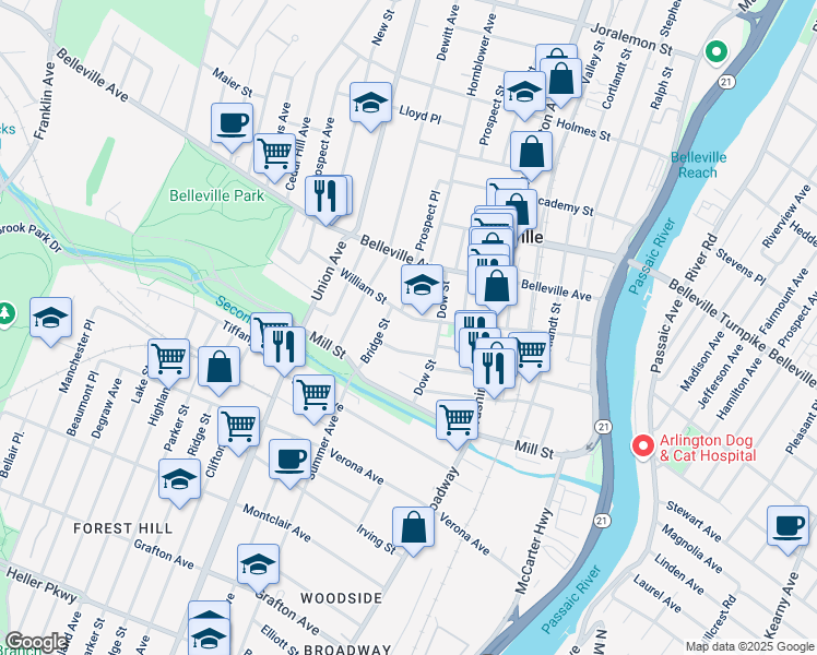 map of restaurants, bars, coffee shops, grocery stores, and more near 155 William Street in Belleville