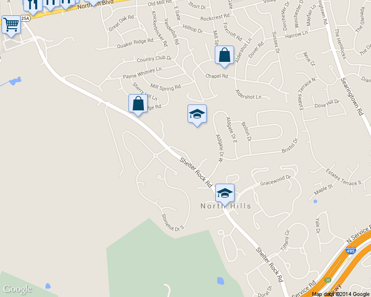map of restaurants, bars, coffee shops, grocery stores, and more near 27A Shelter Rock Road in Manhasset