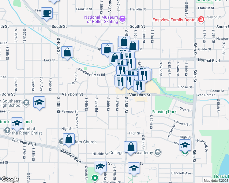 map of restaurants, bars, coffee shops, grocery stores, and more near 4625 Eden Circle in Lincoln
