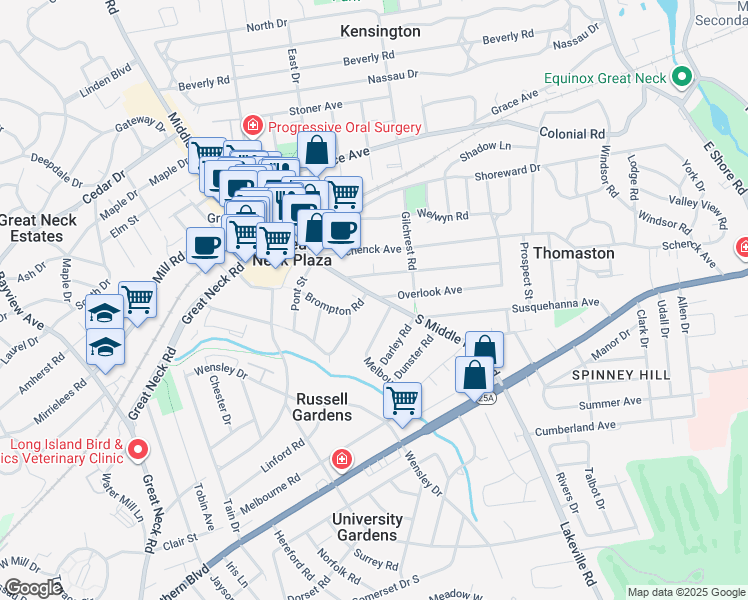 map of restaurants, bars, coffee shops, grocery stores, and more near in Great Neck Plaza