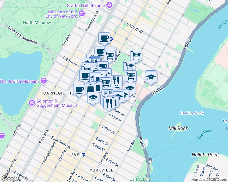 map of restaurants, bars, coffee shops, grocery stores, and more near 233 East 96th Street in New York