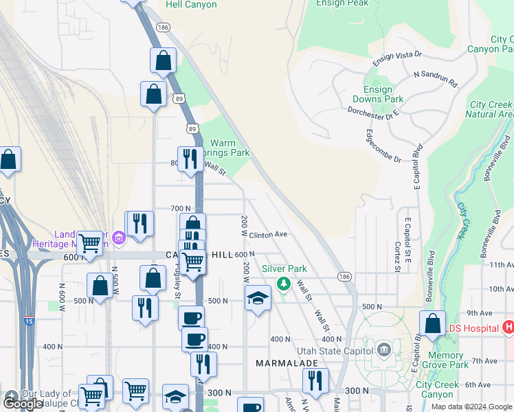 map of restaurants, bars, coffee shops, grocery stores, and more near 715 West Capitol Street in Salt Lake City