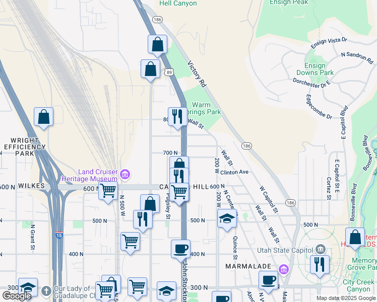 map of restaurants, bars, coffee shops, grocery stores, and more near 711 U.S. 89 in Salt Lake City