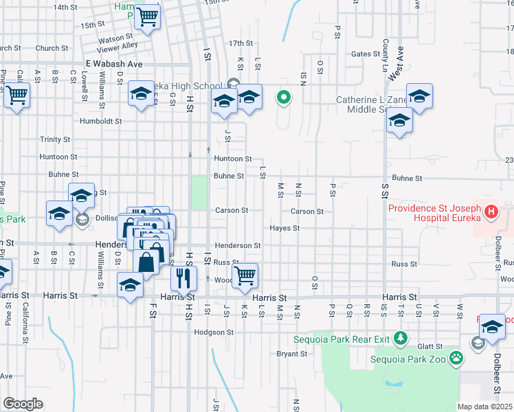 map of restaurants, bars, coffee shops, grocery stores, and more near 2525 L Street in Eureka