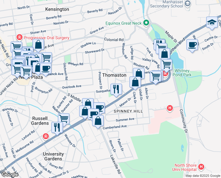 map of restaurants, bars, coffee shops, grocery stores, and more near 35 Spruce Street in Great Neck