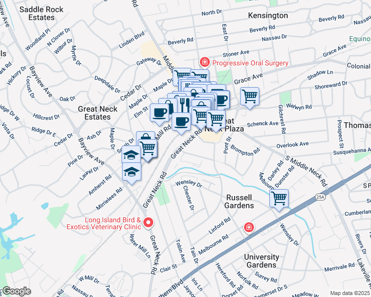 map of restaurants, bars, coffee shops, grocery stores, and more near 100 Great Neck Road in Great Neck