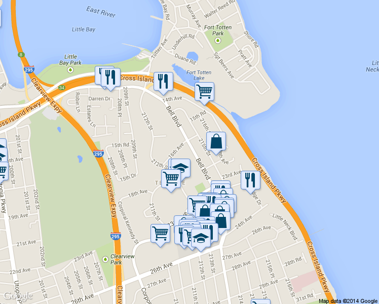 map of restaurants, bars, coffee shops, grocery stores, and more near 212-72 16th Avenue in Queens