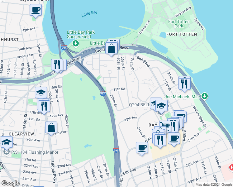 map of restaurants, bars, coffee shops, grocery stores, and more near 208-14 15th Road in Queens