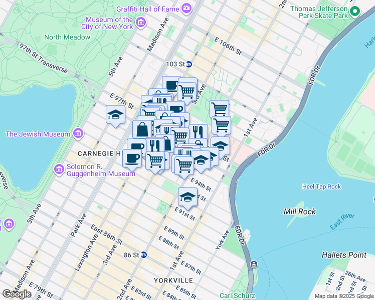 map of restaurants, bars, coffee shops, grocery stores, and more near 215 East 96th Street in New York