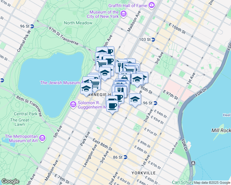map of restaurants, bars, coffee shops, grocery stores, and more near 131 East 93rd Street in New York