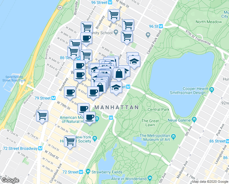 map of restaurants, bars, coffee shops, grocery stores, and more near 32 West 85th Street in New York