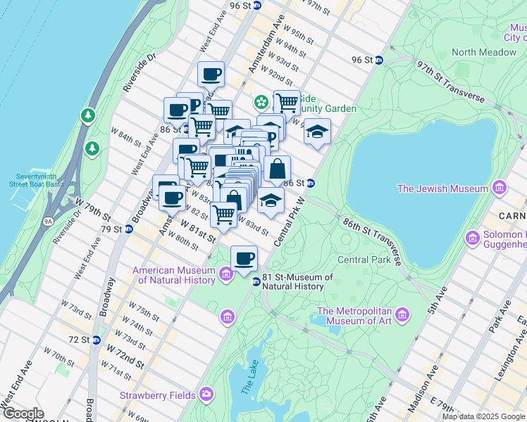 map of restaurants, bars, coffee shops, grocery stores, and more near 32 West 85th Street in New York