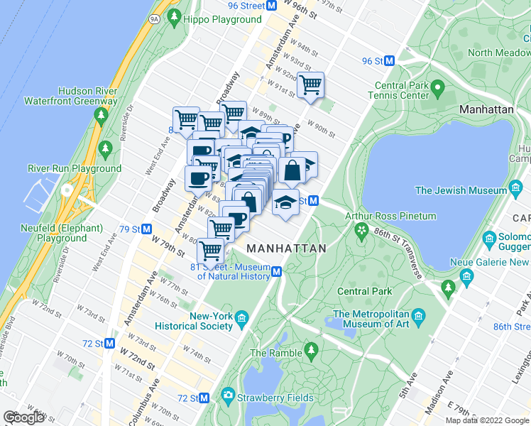 map of restaurants, bars, coffee shops, grocery stores, and more near 51 West 84th Street in New York
