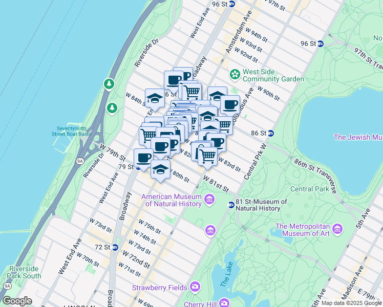 map of restaurants, bars, coffee shops, grocery stores, and more near 146 West 83rd Street in New York