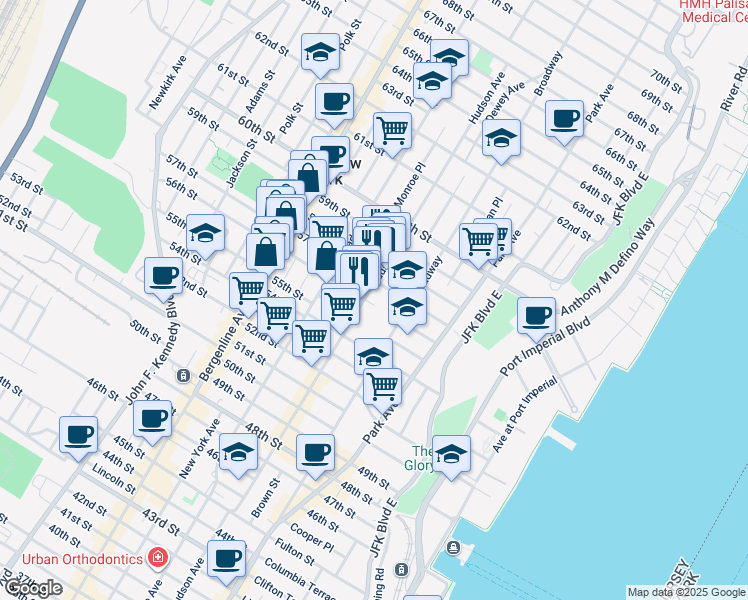 map of restaurants, bars, coffee shops, grocery stores, and more near 5607 Hudson Avenue in West New York
