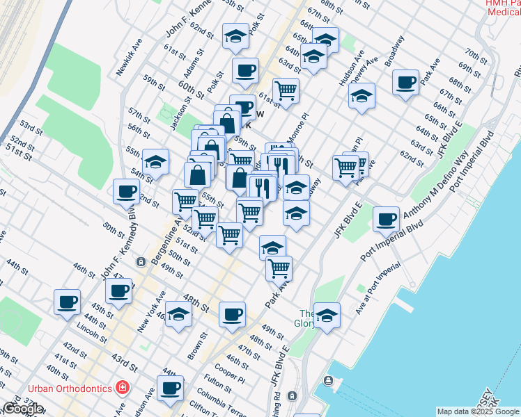 map of restaurants, bars, coffee shops, grocery stores, and more near 5607 Hudson Avenue in West New York