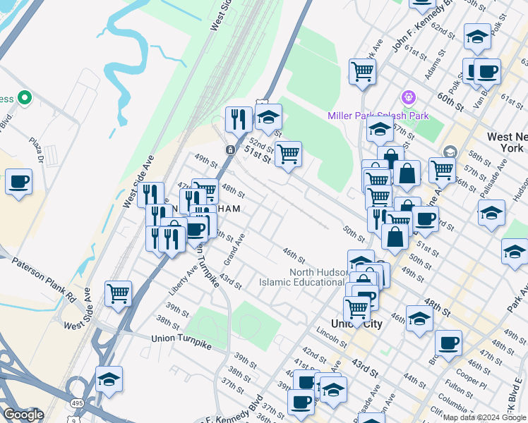 map of restaurants, bars, coffee shops, grocery stores, and more near 1465 48th Street in North Bergen