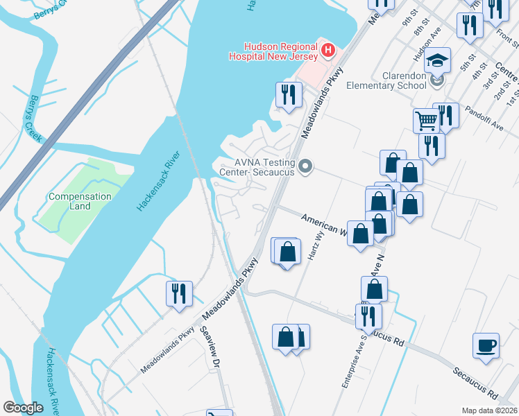 map of restaurants, bars, coffee shops, grocery stores, and more near 625 Sanderling Court in Secaucus