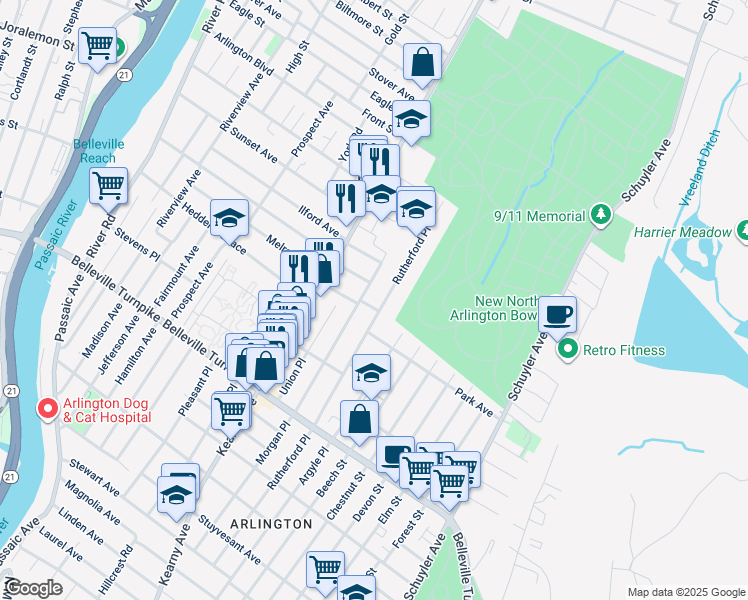 map of restaurants, bars, coffee shops, grocery stores, and more near 149 Rutherford Place in North Arlington