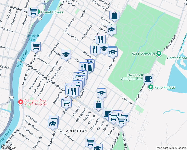 map of restaurants, bars, coffee shops, grocery stores, and more near 24 Inman Place in North Arlington