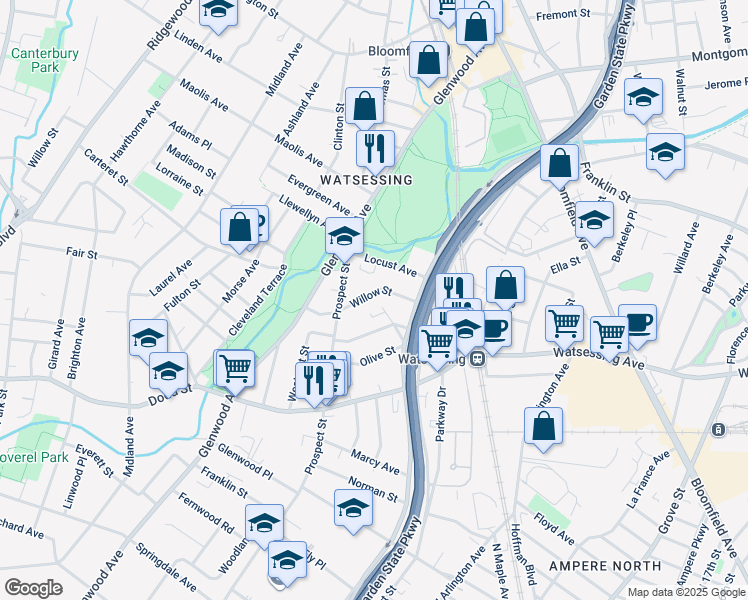 map of restaurants, bars, coffee shops, grocery stores, and more near 115 Willow Street in Bloomfield