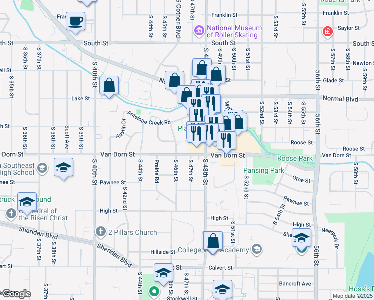map of restaurants, bars, coffee shops, grocery stores, and more near 4625 Eden Circle in Lincoln