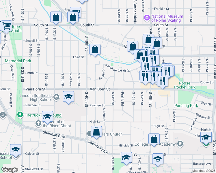 map of restaurants, bars, coffee shops, grocery stores, and more near 2724 Anderson Drive in Lincoln