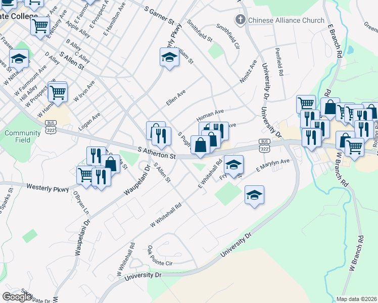 map of restaurants, bars, coffee shops, grocery stores, and more near 1426 South Pugh Street in State College