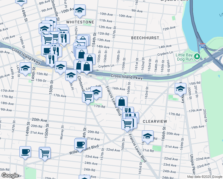 map of restaurants, bars, coffee shops, grocery stores, and more near 157-23 16th Avenue in Queens