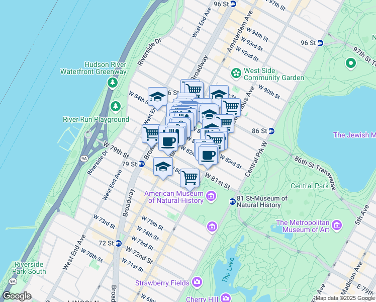 map of restaurants, bars, coffee shops, grocery stores, and more near 152 West 82nd Street in New York