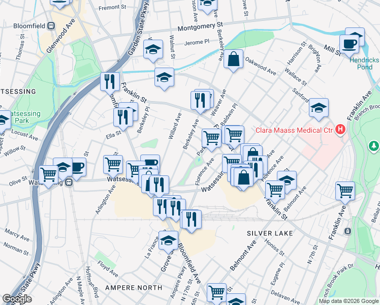 map of restaurants, bars, coffee shops, grocery stores, and more near 123 Berkeley Avenue in Bloomfield