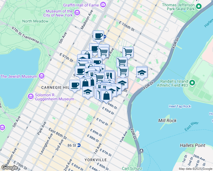 map of restaurants, bars, coffee shops, grocery stores, and more near 231 East 96th Street in New York