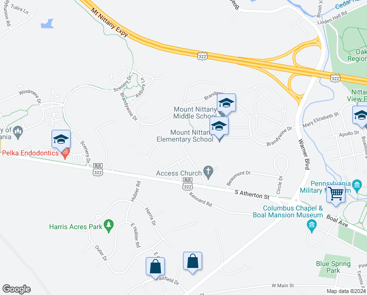 map of restaurants, bars, coffee shops, grocery stores, and more near 240 Villa Crest Drive in State College