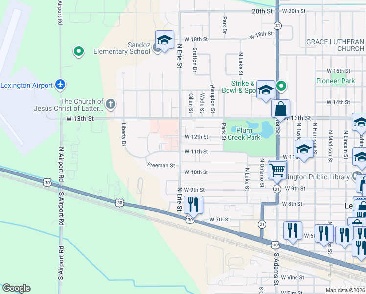map of restaurants, bars, coffee shops, grocery stores, and more near 1151-1191 North Erie Street in Lexington