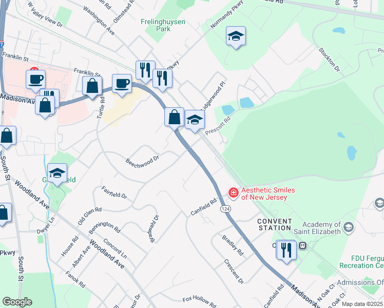 map of restaurants, bars, coffee shops, grocery stores, and more near 299 Madison Avenue in Morristown